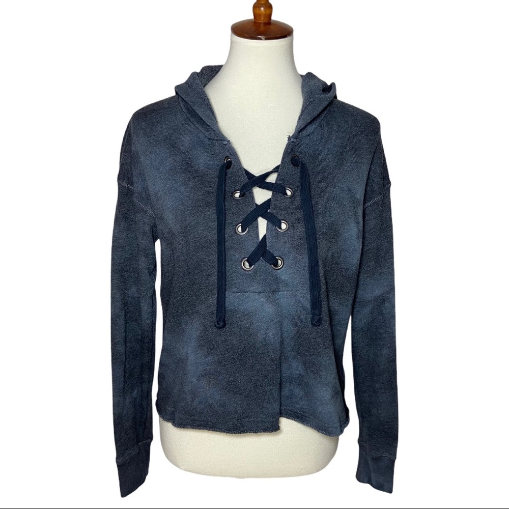 AMERICAN EAGLE Navy Blue Tie Dye Lace Up Cropped Hoodie Soft Cozy Small